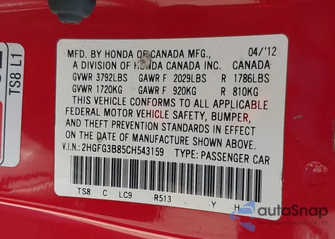 2012 Honda Civic Ex from USA, damaged, VIN 2HGFG3B85CH543159